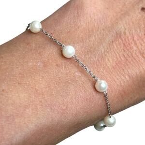 Dainty Silver Tone Chain Faux Pearl Station Bracelet